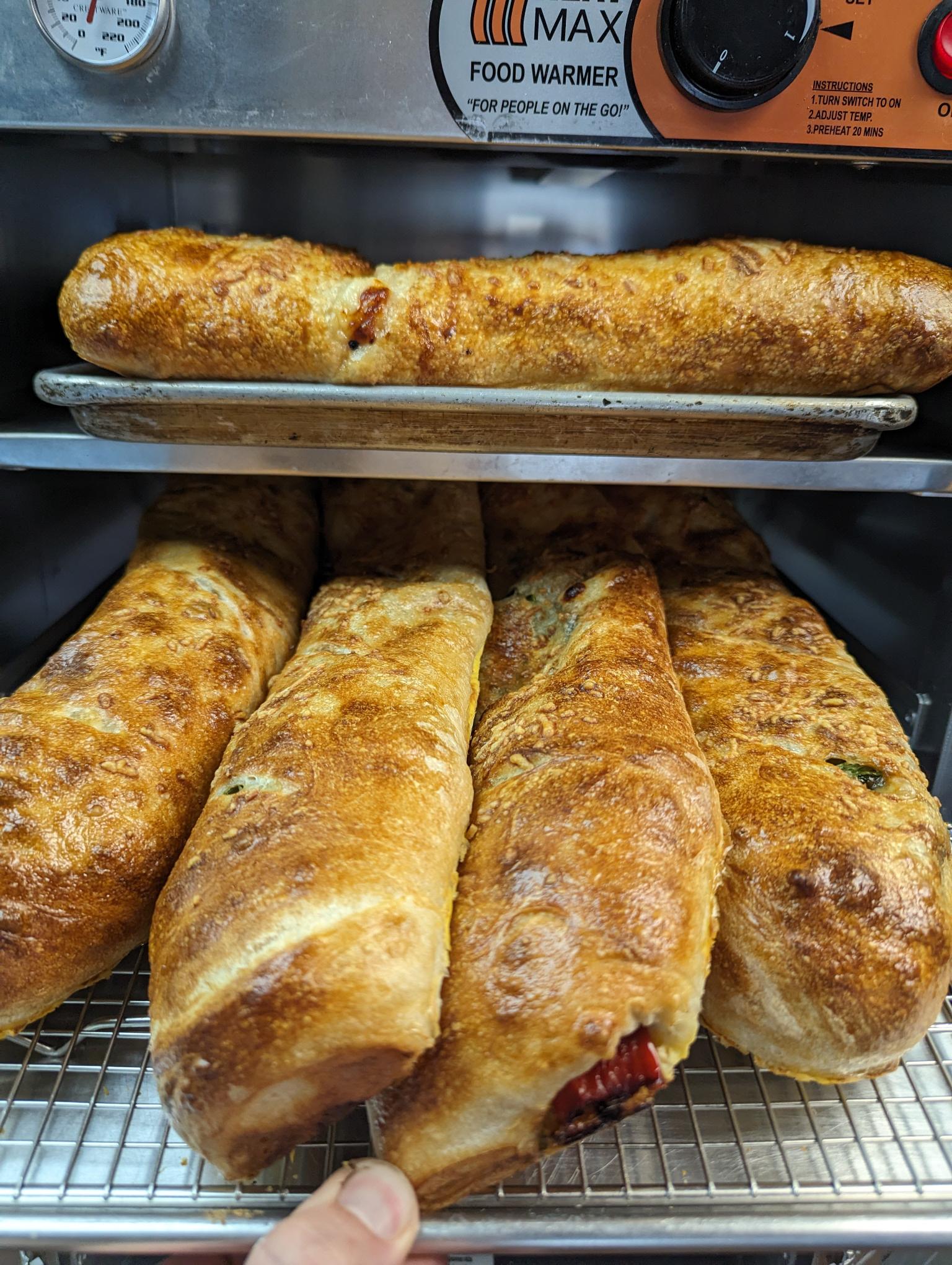 Freshly baked strombolis in our oven